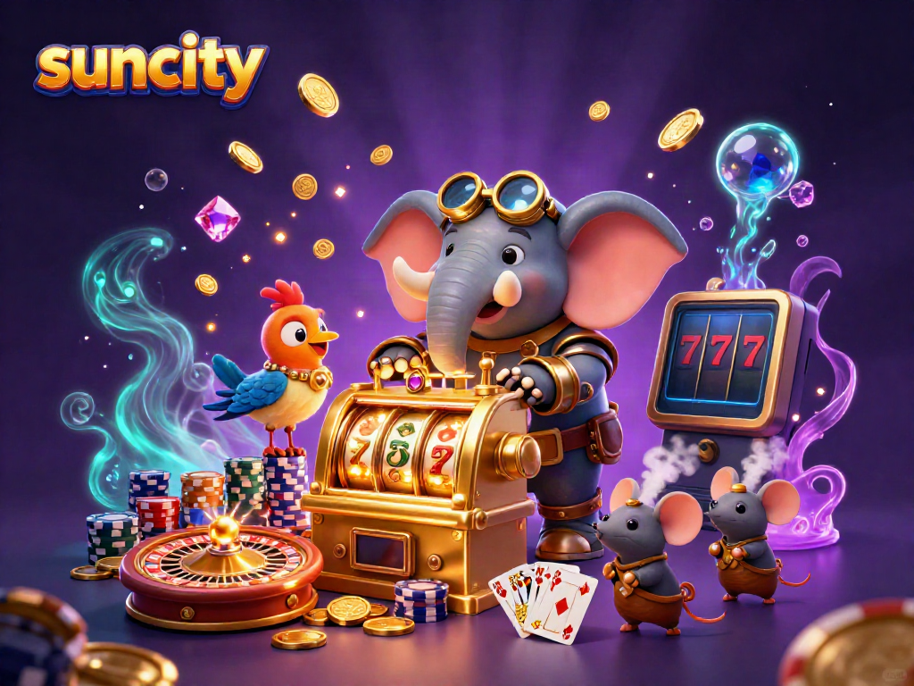 Experience thrilling gameplay as the suncity elephant engineer spins a slot machine filled with dazzling gems.
