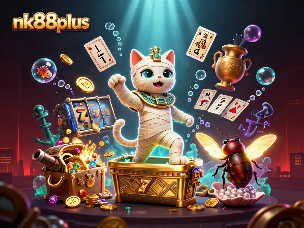 Explore the lively scenes of nk88plus featuring a cartoon mummy cat and golden treasures in a vibrant casino.