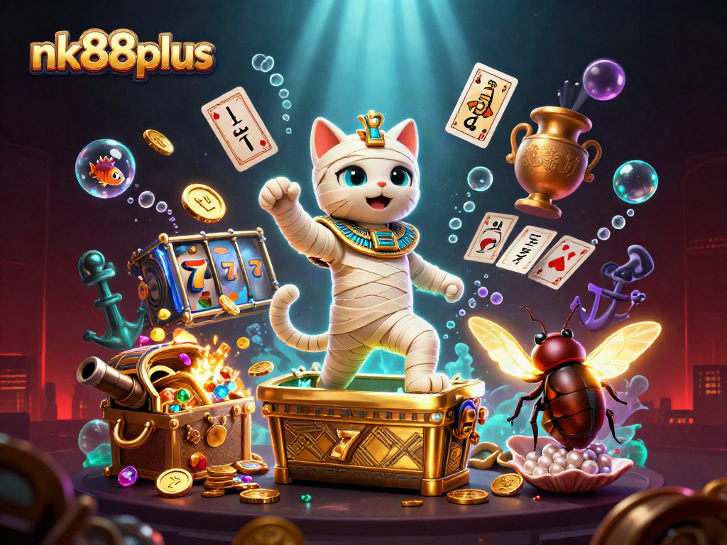 Explore the lively scenes of nk88plus featuring a cartoon mummy cat and golden treasures in a vibrant casino.