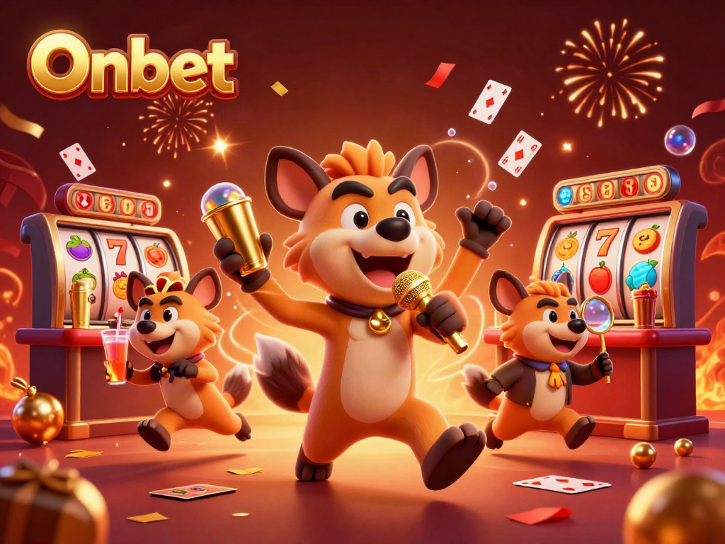 Onbet inspired illustration of hyenas running a comedy casino club, celebrating with gold coins and slot reels.