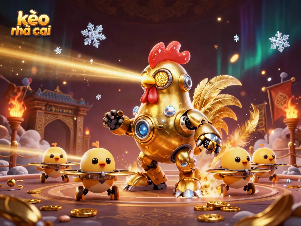 Experience kèo nhà cái with dynamic betting action featuring a golden rooster robot and adorable chick drones.