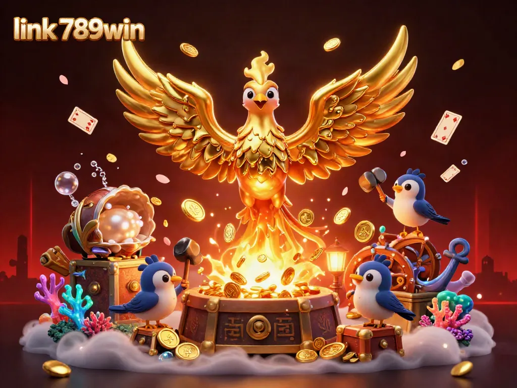 Spin with excitement at link 789win's vibrant casino, featuring a molten golden phoenix and gaming treasures.