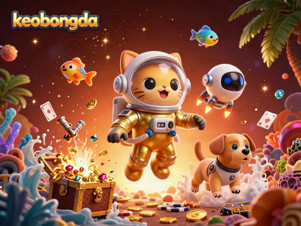 Engage in thrilling gaming action at keobongda with a vibrant digital scene of an astronaut cat and robot dog amidst treasure.