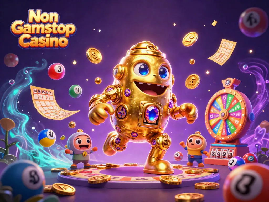 Experience thrilling gameplay at Non Gamstop Casino with an exciting scene of a golden golem and lottery elements.