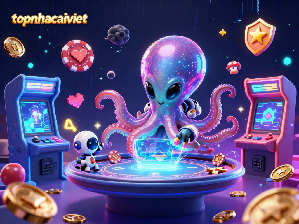 Engage in dynamic gaming at topnhacaiviet with a vibrant 3D alien octopus running a holographic poker table amid glowing elements.