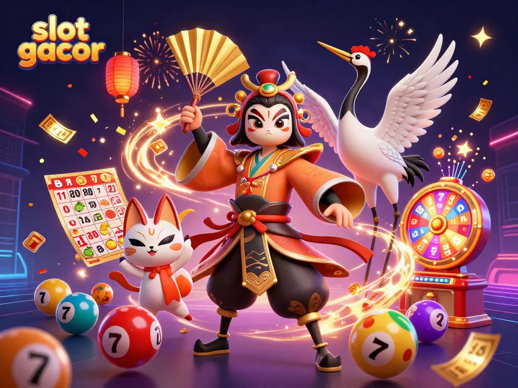 Spin to win with slot gacor featuring a vibrant 3D illustration of a kabuki warrior.