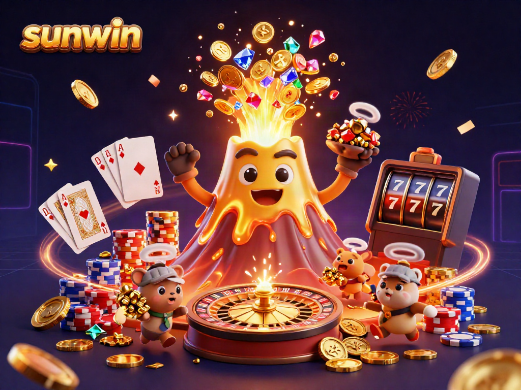 Experience the thrill of sunwin with treasures erupting from a golden volcano in a vibrant casino scene.