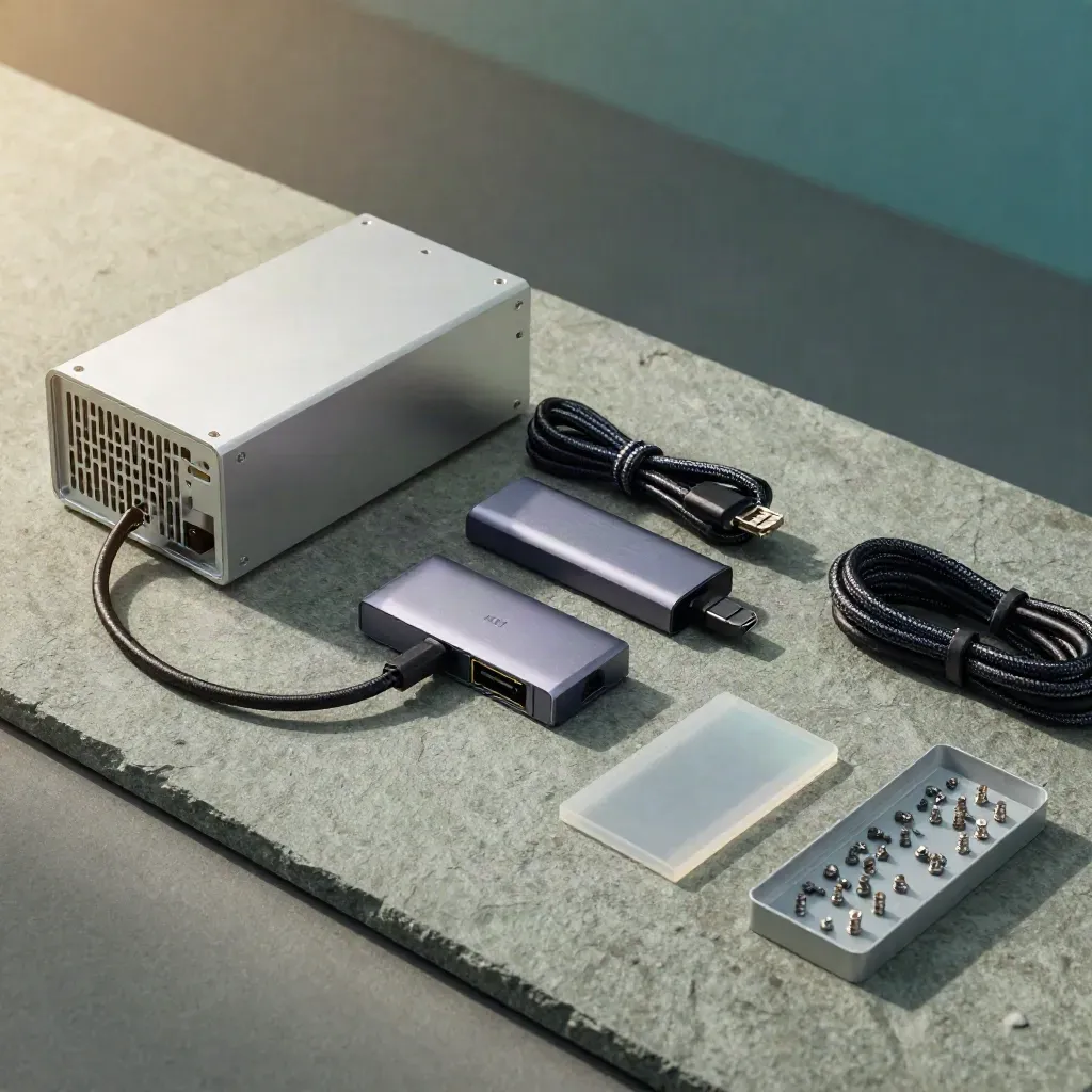 Prototype kit with mini-PC chassis, hub, cable, drive, thermal pads, and screws on stone.