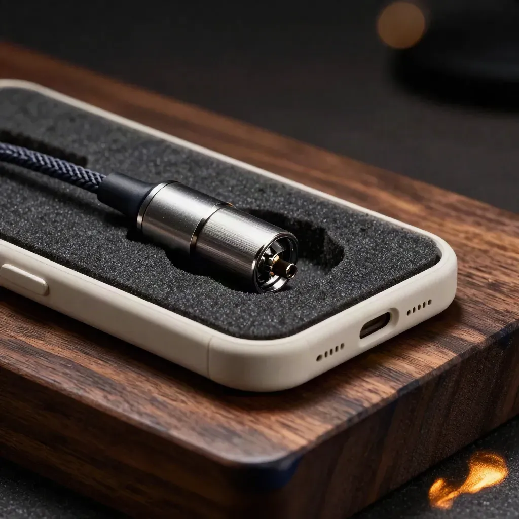 Prototype phone shells, tool kit case, and travel charger on oak in dramatic light.