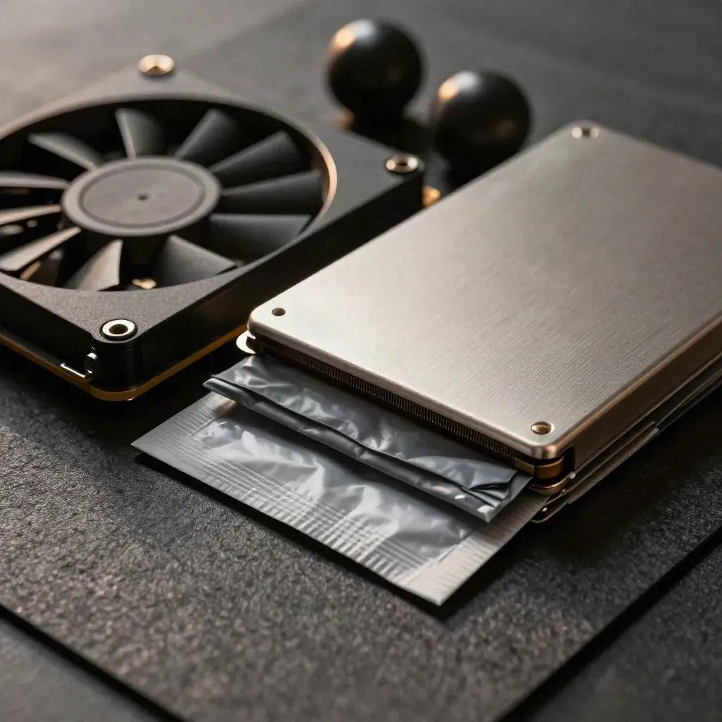 Fan module, SSD shell, and anti-static folds on graphite felt with dramatic side light.