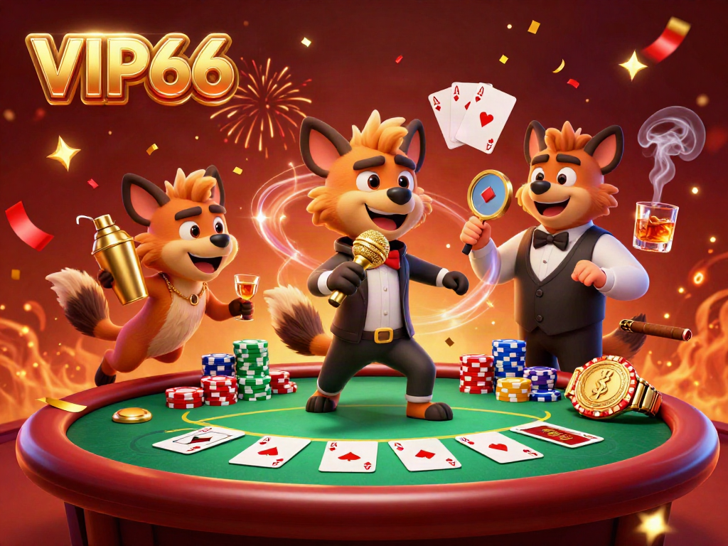 Enjoy VIP66's vibrant casino scene with hyenas, poker chips, and celebratory confetti.