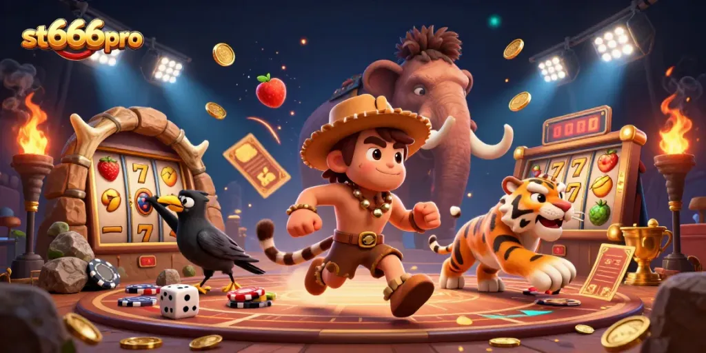Engage in thrilling gameplay at st666pro with a dynamic 3D casino scene of a caveman and sabertooth tiger.