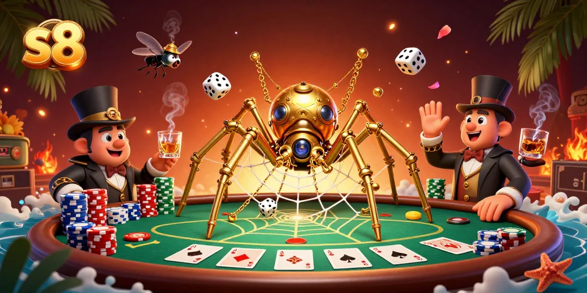 Experience thrilling s8 gameplay with a steampunk spider and poker chips in a dynamic casino scene.