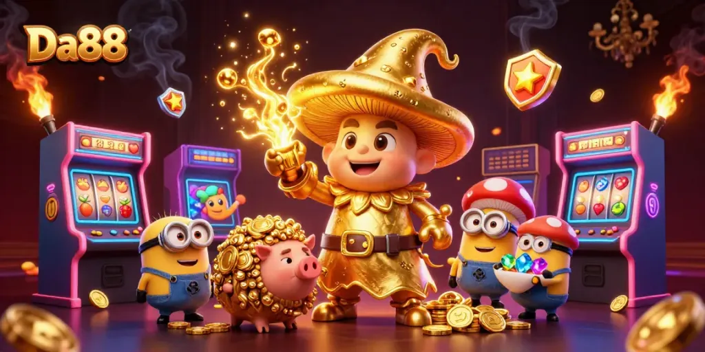 Experience Da88's dynamic gaming adventure with golden wizard, treasure pig, and vibrant slot elements.