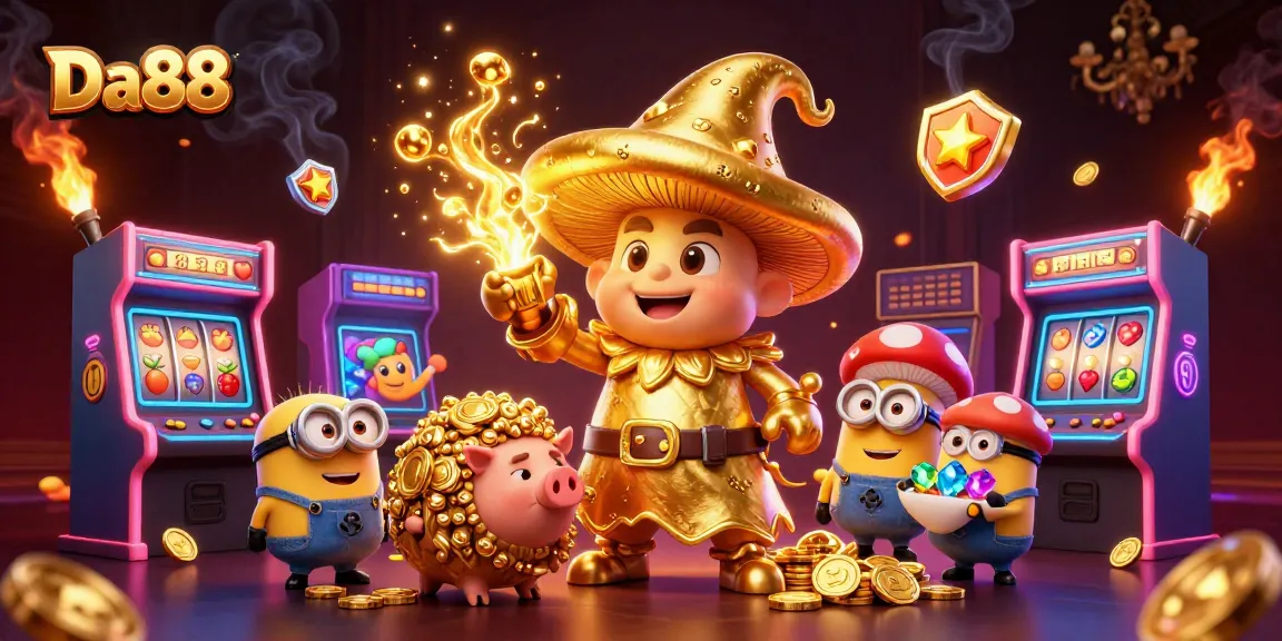 Experience Da88's dynamic gaming adventure with golden wizard, treasure pig, and vibrant slot elements.