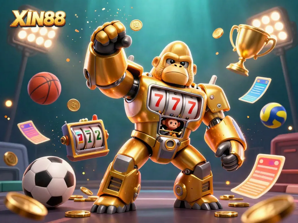 XIN88's golden gorilla mech bursts with coins, surrounded by sports elements, showcasing an online gambling theme.