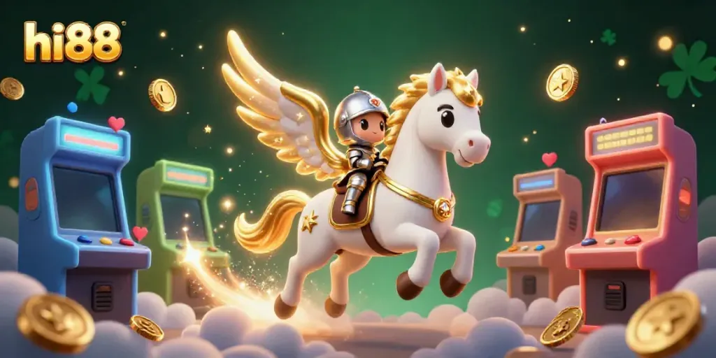 Participate in exciting games at hi88 with a celestial horse, knight, and vibrant arcade machines.