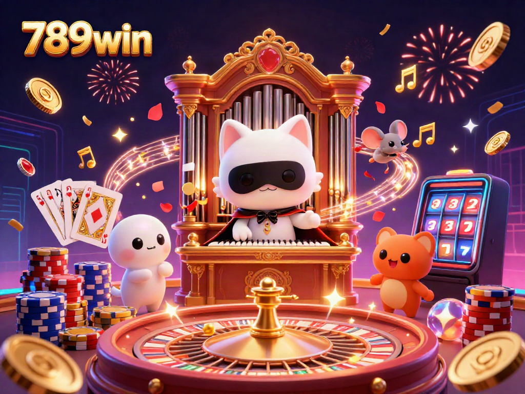 Experience the excitement of 789win with a whimsical casino scene featuring lucky symbols and characters.