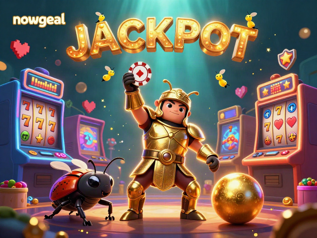 Experience the jackpot excitement at Nowgoal with a vibrant 3D illustration featuring a hercules beetle and colorful slot machines.