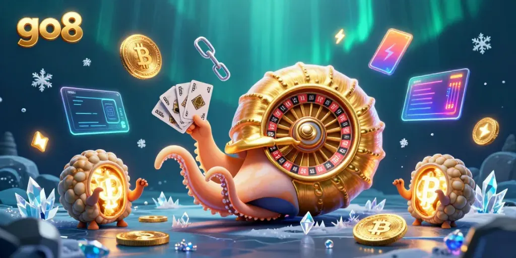 Experience the excitement of go8 with a glowing ancient nautilus roulette surrounded by crypto elements.