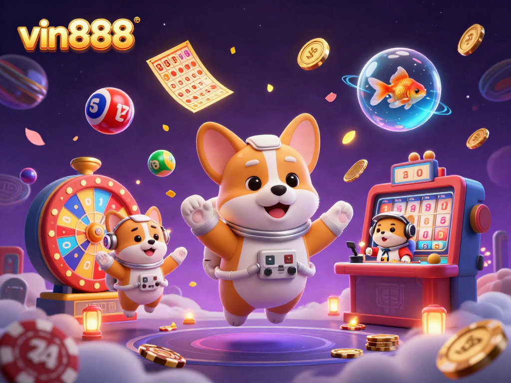 Experience the thrill of winning with vin888's vibrant 3D casino scene, featuring playful characters and explosive game elements.