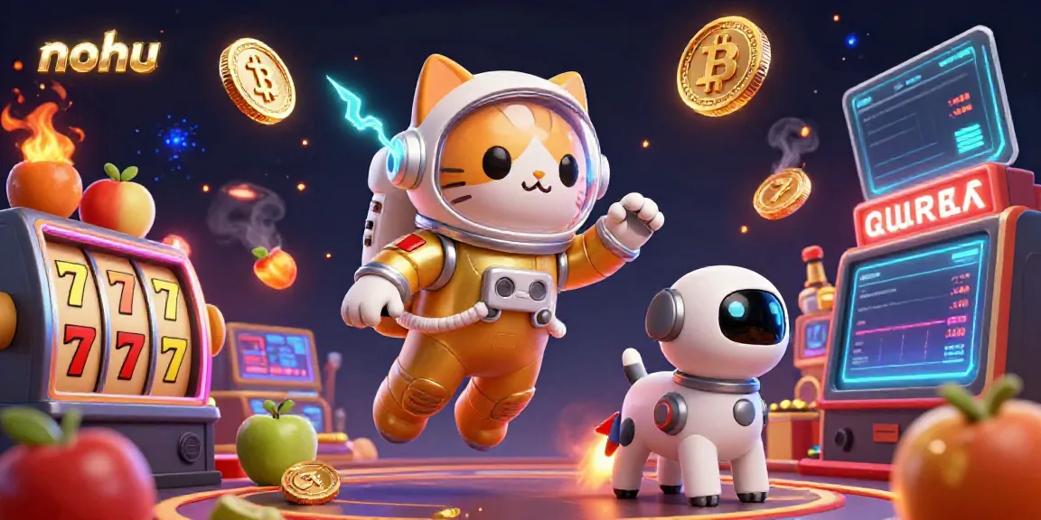 Experience thrilling casino action with nohu as a playful astronaut cat and robot dog amid vibrant gaming elements.