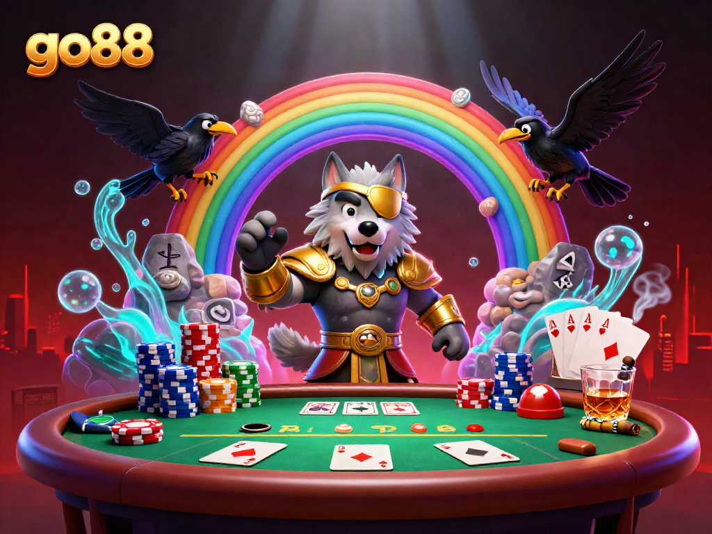 Engage in thrilling poker action with go88's dynamic and vibrant casino illustration featuring Odin and mystical elements.