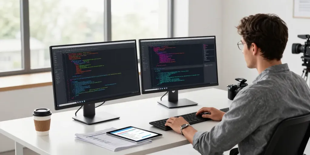 Developer engaging in instant indexing solutions at a high-tech workspace with dual monitors.