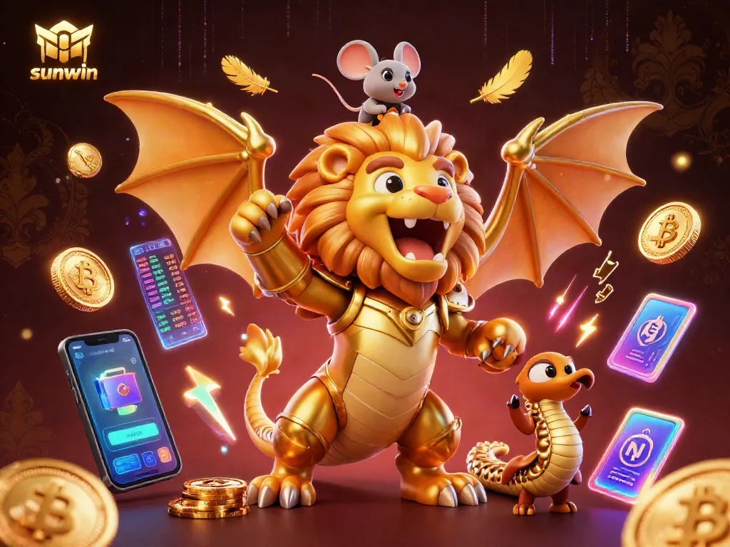 Win big at Sunwin with a vibrant casino illustration showcasing dynamic game elements and characters.