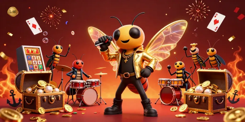 Lc88 invites players into a lively casino scene with a cicada rockstar, beetle drummer, and vibrant slot elements.