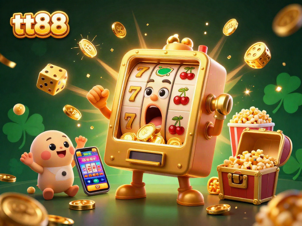 Experience winning excitement at tt88 with a vibrant scene of jubilant slot machines and cascading coins.