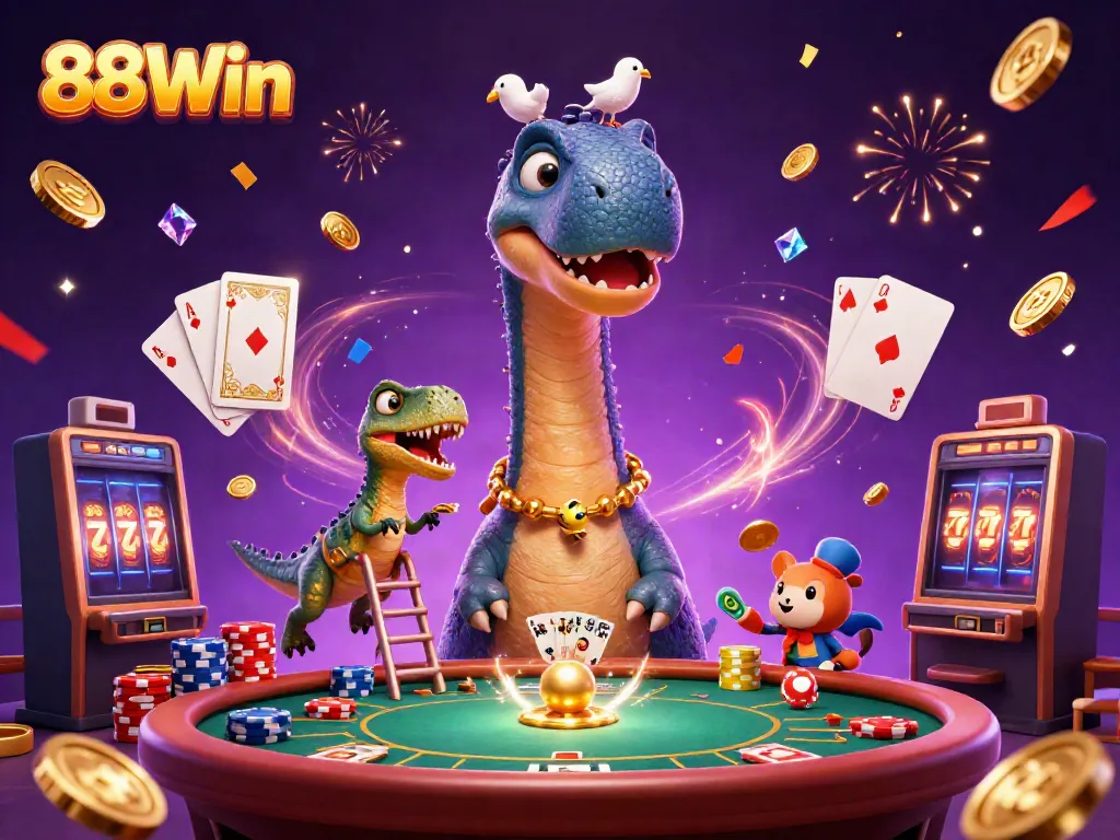 Win at 88Win with a fun casino-themed scene featuring a playful brontosaurus and raptor