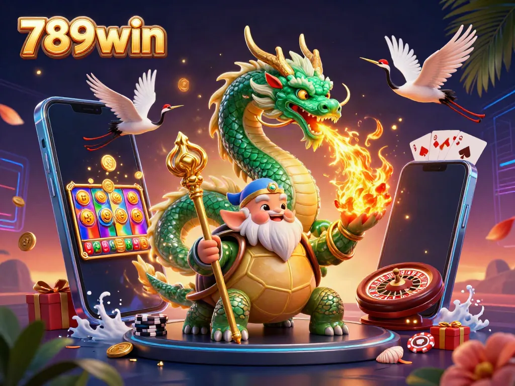 Immerse in the vibrant energy of 789win, featuring a jade dragon and a turtle sage in a casino-themed fantasy.