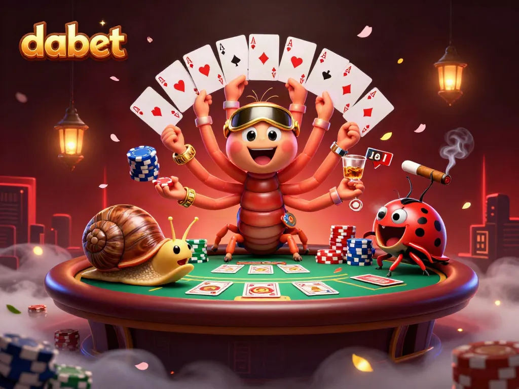 Experience thrilling gameplay at dabet with a millipede dealer, giant poker chips, and vibrant casino elements.