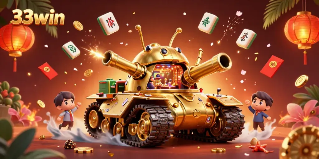 Experience exciting gaming with 33win's vibrant casino atmosphere featuring a golden beetle tank and lively game elements.