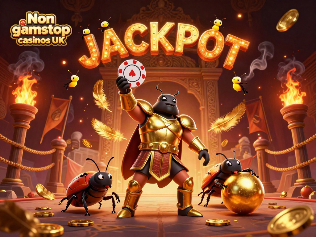 Engage with Non gamstop casinos UK in a thrilling victory scene featuring unique characters and casino elements.