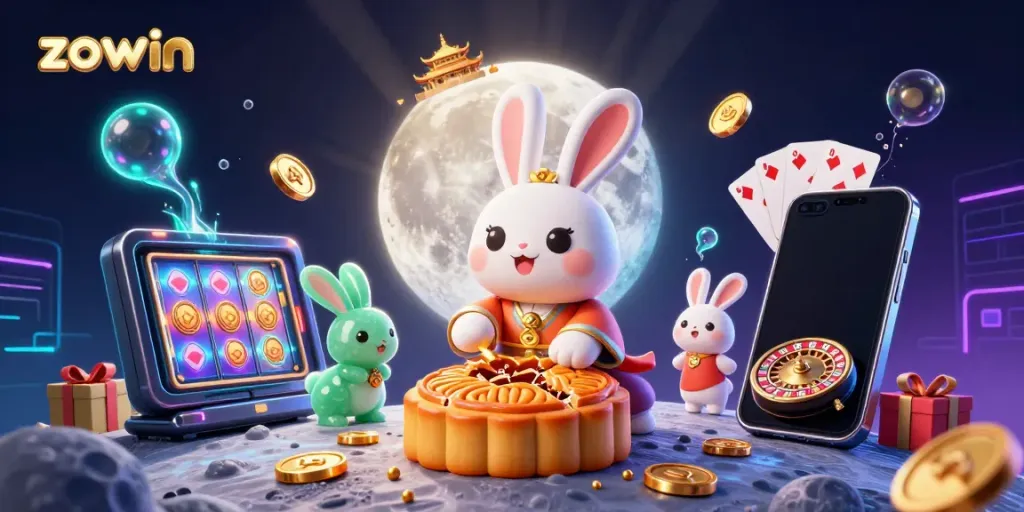 Zowin poker-themed moon rabbit illustration revealing poker chips, vibrant casino elements.