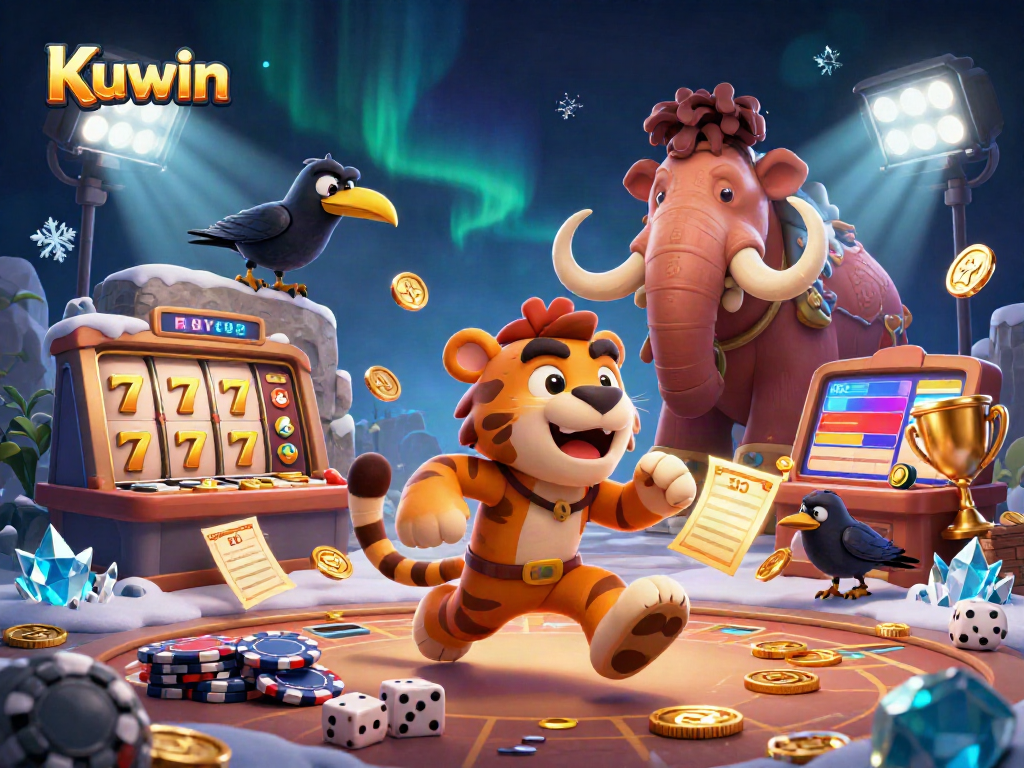 Experience the excitement of Kuwin's casino with a dynamic illustration featuring prehistoric characters and vibrant gaming elements.