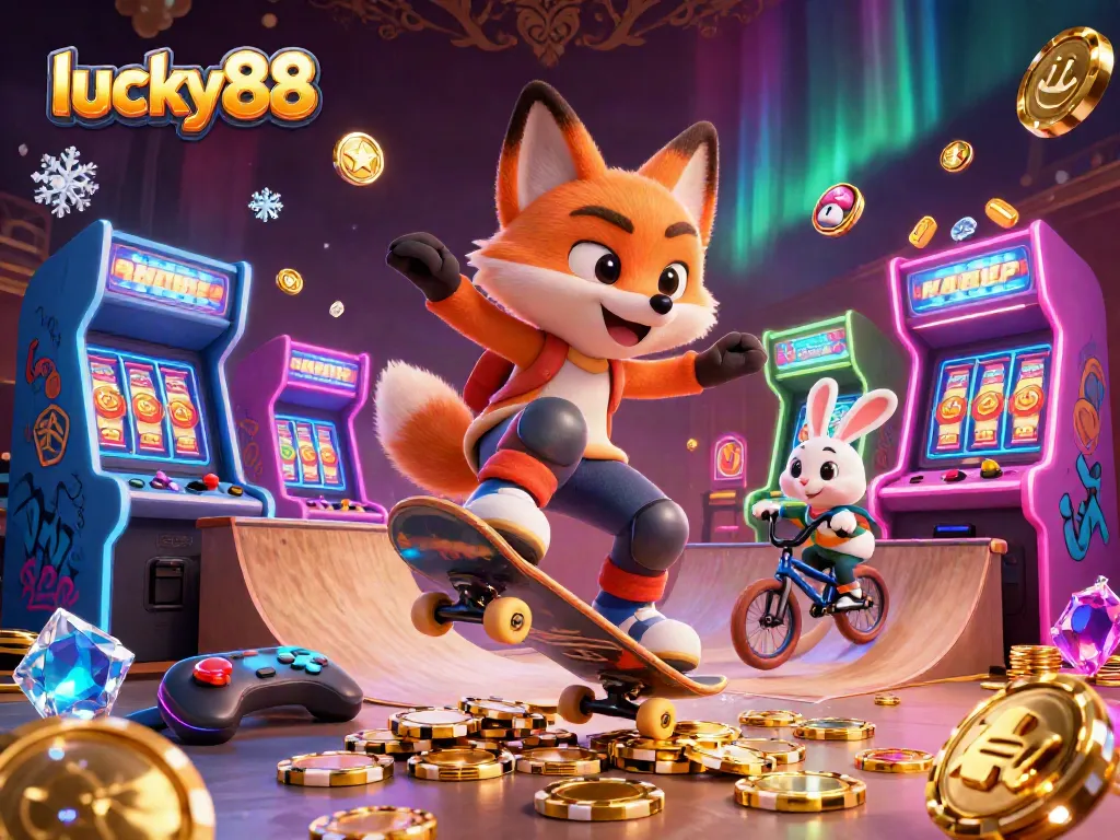 Experience the thrill of lucky88 with vibrant arcade games and animated characters in a dynamic casino scene.