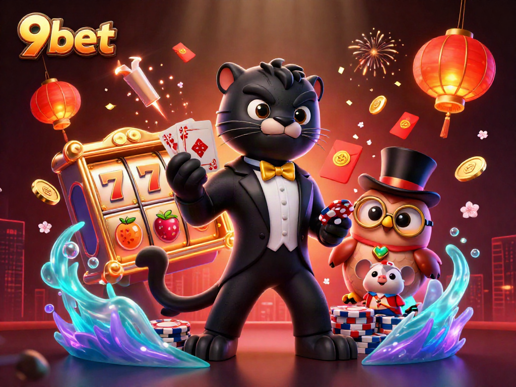 Win big with 9bet as a stylish black panther deals cards, creating excitement in an animated casino scene.