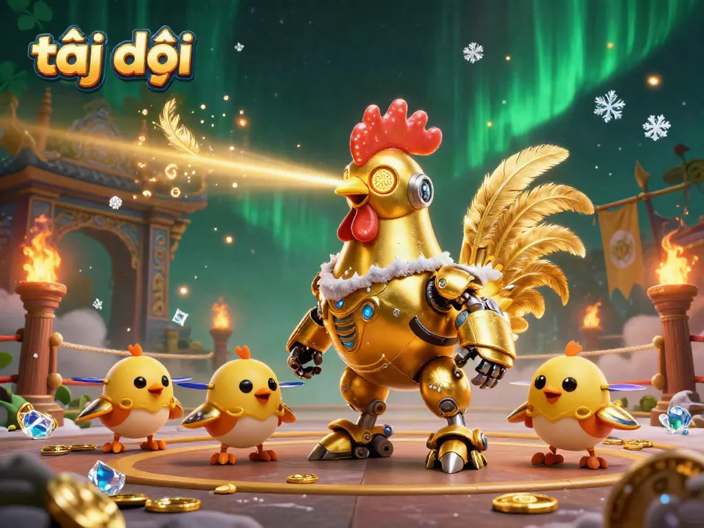 Experience the thrilling action at our casino "tại đây" with a dazzling golden rooster robot leading the way, showcasing power and excitement.