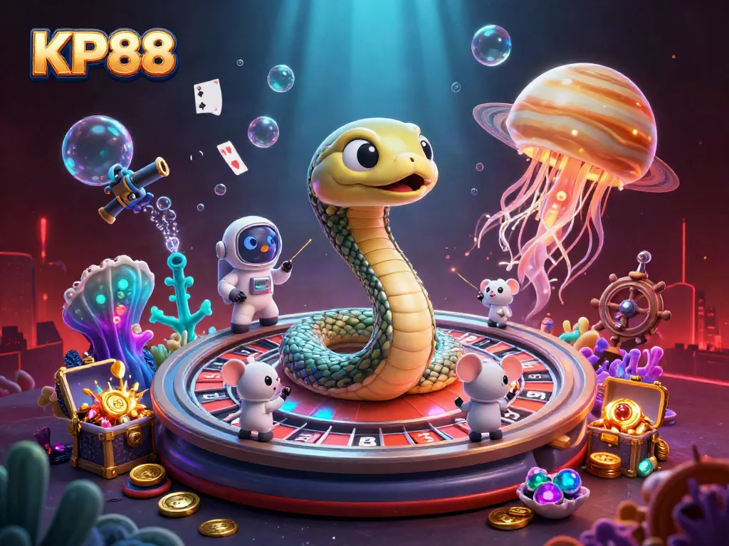 Experience KP88 with a thrilling cosmic casino scene featuring mice betting on a roulette wheel formed by Saturn's rings.