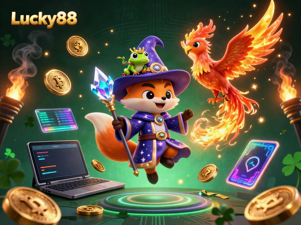 Experience the magic at Lucky88 with a whimsical wizard fox, phoenix, and immersive gaming elements!