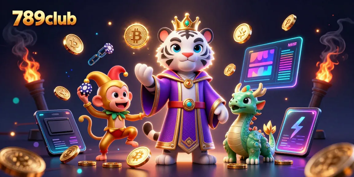 Experience the vibrant world of 789club with a lively 3D illustration featuring casino characters and crypto elements.