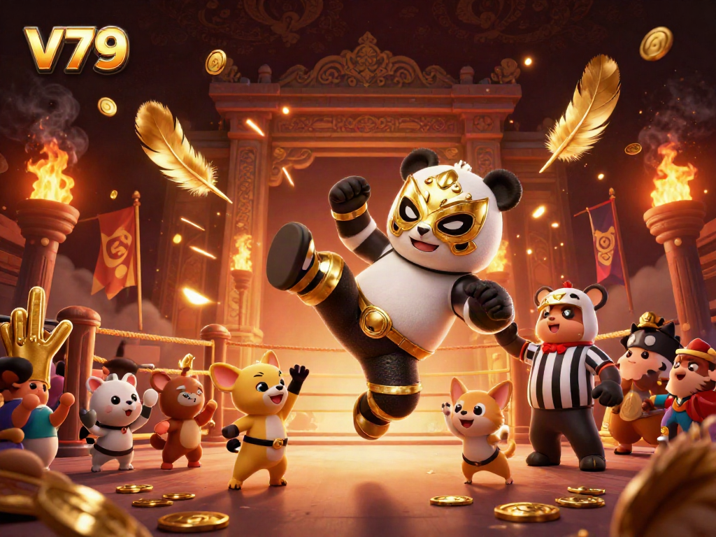 Watch the exciting V79 casino scene with a panda wrestling in a golden mask, surrounded by cheering animal fans.
