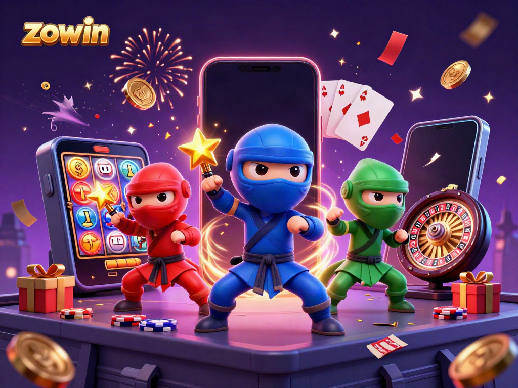 Zowin players enjoying a colorful slot game scene with ninja chameleons in action and casino elements surrounding them.