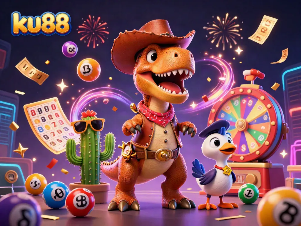 Engage with ku88's thrilling casino experience in this vibrant 3D illustration showcasing a cartoon T-Rex and friends.