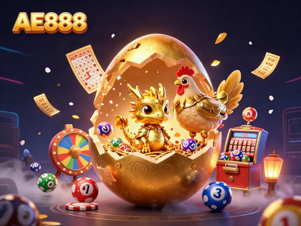 Experience thrilling wins at AE888 with a golden egg revealing a dragon amidst casino elements.
