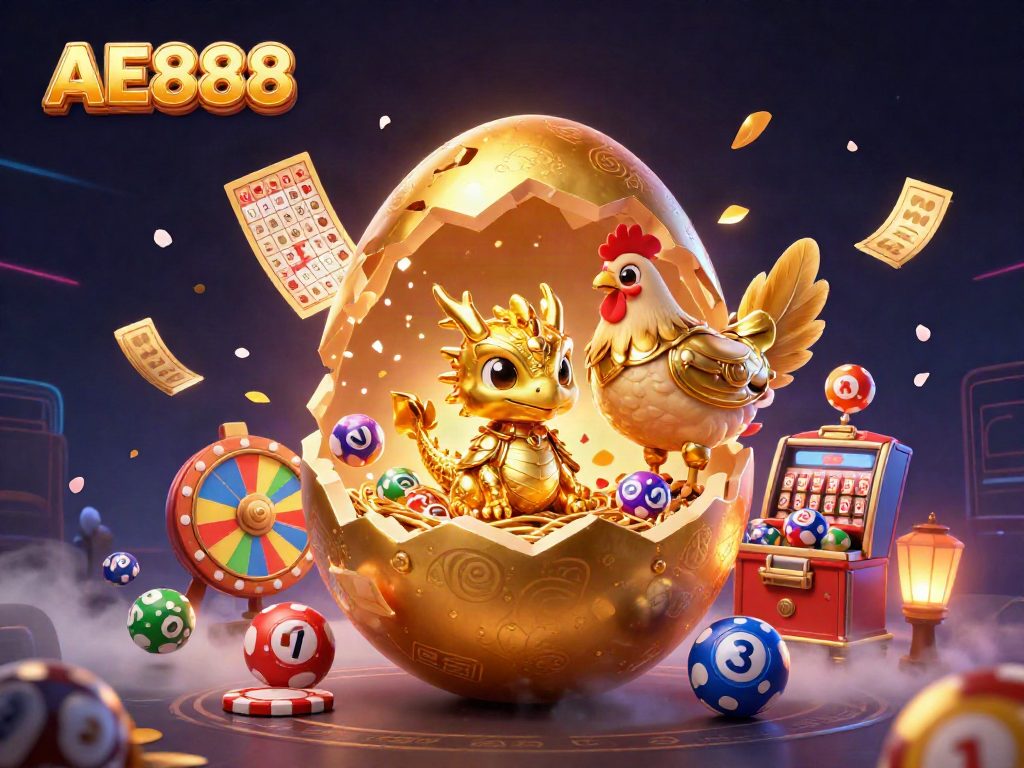 Experience thrilling wins at AE888 with a golden egg revealing a dragon amidst casino elements.