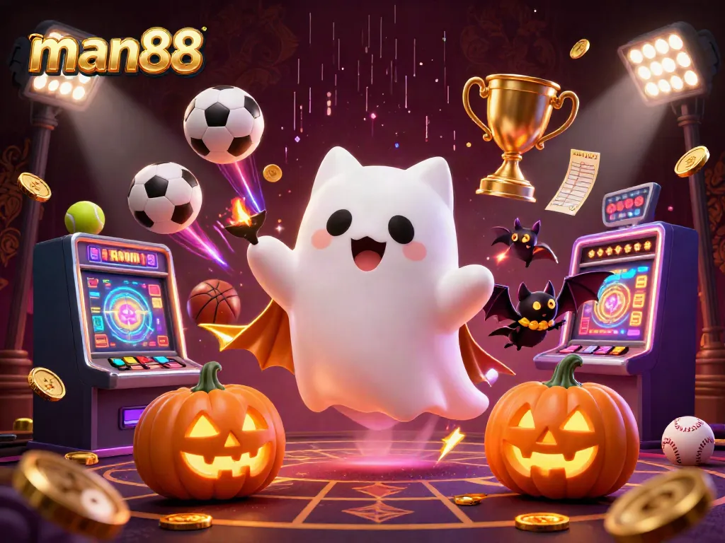 Place bets and celebrate wins with man88 in this lively haunted casino scene.